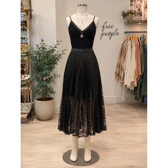 Free People Dresses & Skirts - Free People Black Pleated Lace Midi Skirt Size 2 Romantic Goth Boho
